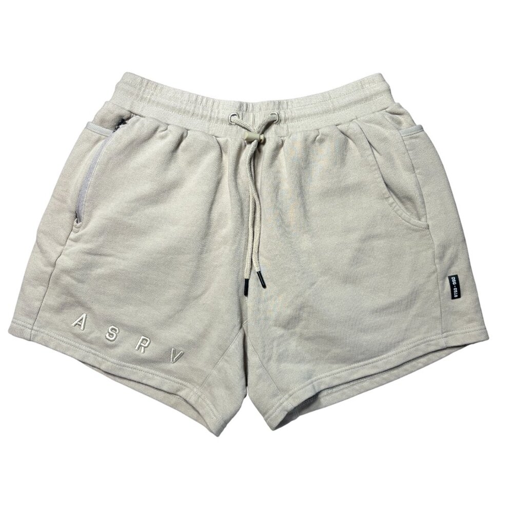 ASRV French Terry Tech Sweat Shorts size L large sand khaki 6" inseam bone